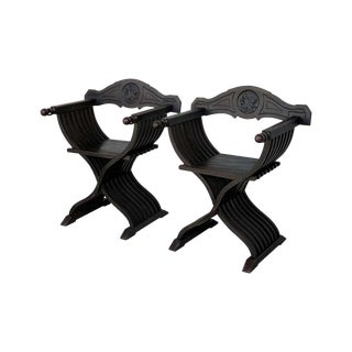 19th Century Carved Walnut Folding Scissors Savonarola Bench or Settle - a Pair For Sale