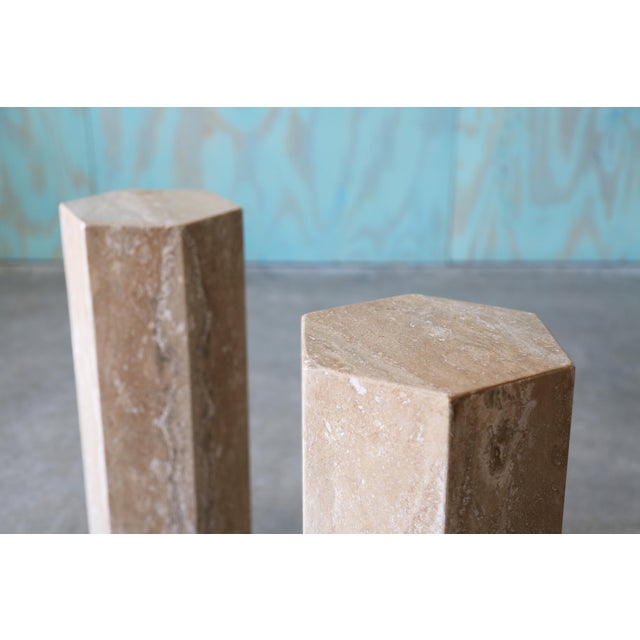 1960s Post Modern Travertine Hexagonal Pedestal Column End / Drink Tables - Set of 2 For Sale - Image 9 of 10
