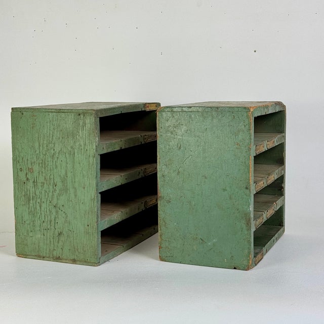 American Vintage Pair of Salvaged Workshop Slotted Wood Shelving Units in Green Paint & Brass Labels For Sale - Image 3 of 8