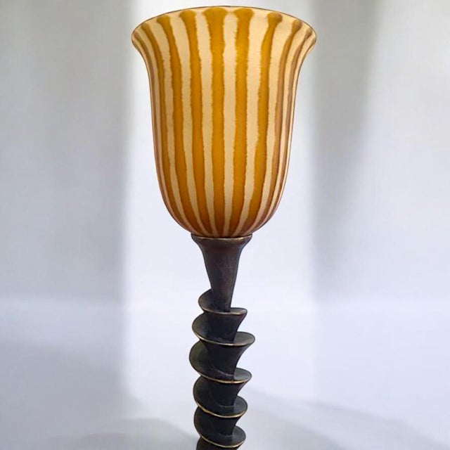 Spiral Cut Bronze Toned Torchiere Buffet Lamps With Tiger Striped Amber Glass Shades - A Pair For Sale - Image 4 of 14