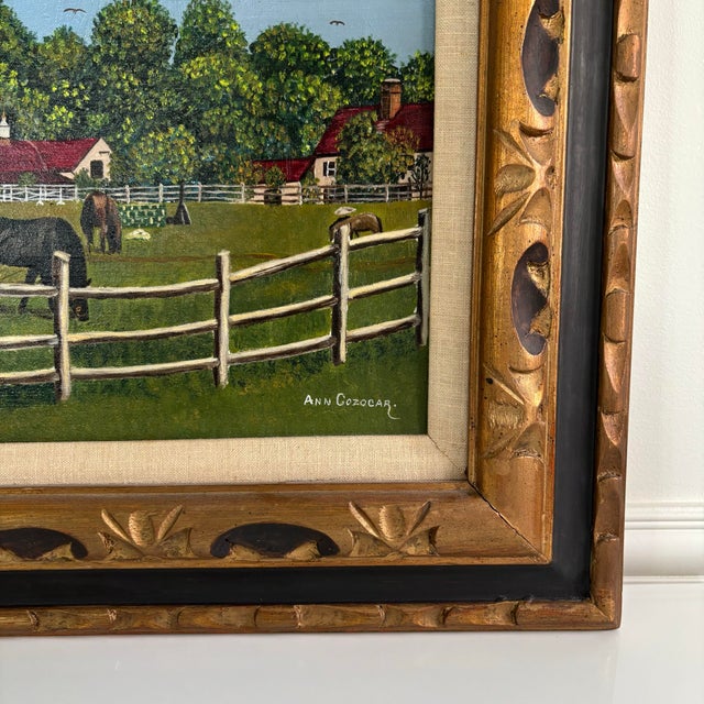 Green Mid 20th Century Signed American Folk Art Horse Farm Landscape Oil on Canvas Framed Painting For Sale - Image 8 of 11