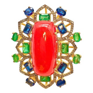 Bochic “Orient” Vintage Orange Opal, Emerald, Kyanite & Diamond Ring Set In 18K For Sale