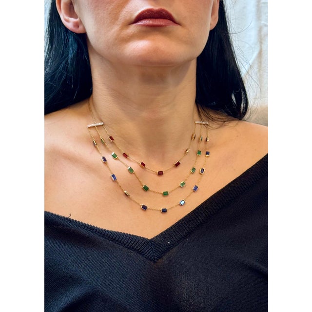 Three Layer Necklace With Emerald , Ruby & Kyanite with Diamond Bar, 14 KYG 15Gm For Sale - Image 11 of 18
