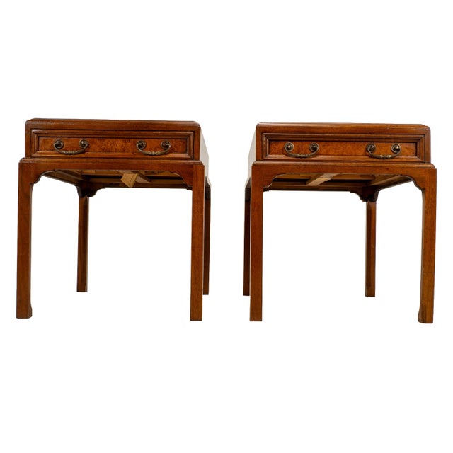 Vintage Burl Walnut Nightstands by Fine Arts Furniture With Brass Handles - A Pair For Sale - Image 12 of 18