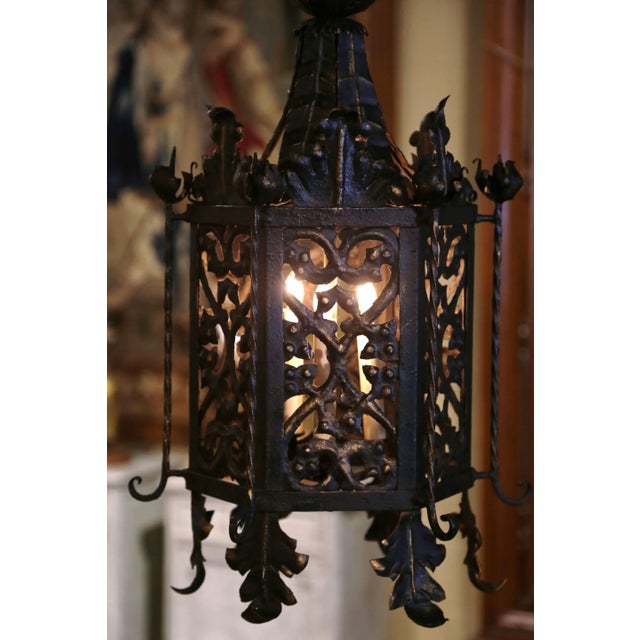 19th Century French Gothic Black and Gilt Iron Three-Light Hexagon Lantern For Sale In Dallas - Image 6 of 8