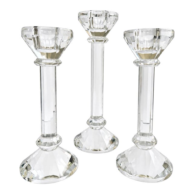 Contemporary Faceted Crystal Glass Candlesticks, Set of 3 For Sale