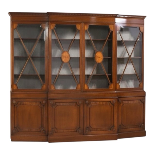 Brown Mid-Century English Regency Style Inlaid Mahogany & Satinwood Bookcase China Cabinet For Sale - Image 8 of 8