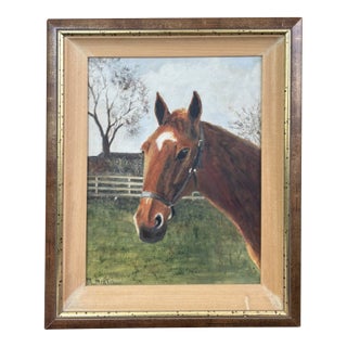 Vintage Signed Horse Portrait Oil Painting in Wood Frame Equestrian Art For Sale