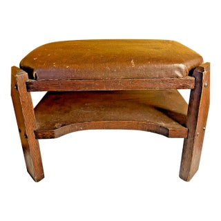 Antique Arts and Crafts Wood & Leather Footstool, Signed For Sale