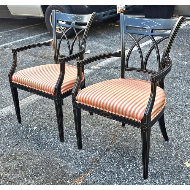 Wood Pair of J. Widdicomb Neoclassical Partial Gilt Ebonized Wood Upholstered Armchairs For Sale - Image 7 of 10