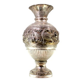 Silver Vase with Floral Motifs, Figures of Swans and Engraved Friezes on Circular Base For Sale