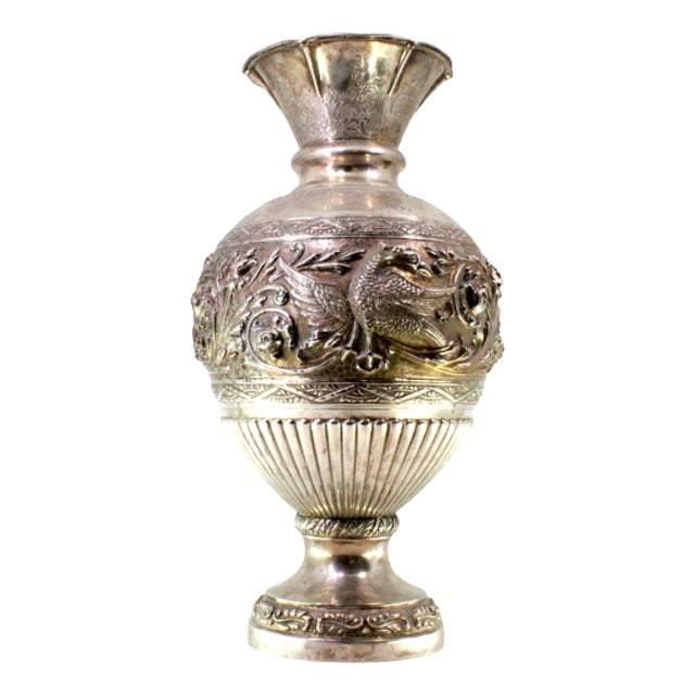 Silver Vase with Floral Motifs, Figures of Swans and Engraved Friezes on Circular Base For Sale