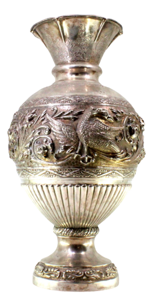 Silver Vase with Floral Motifs, Figures of Swans and Engraved Friezes on Circular Base