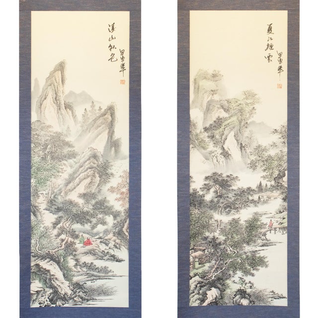 Pair of Heisei Era Japanese Monochrome Landscape Scroll Paintings. Printed on paper. Signed by artist in the print....