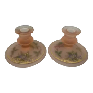 Vintage Deco Tiffin Pink Satin Glass #93 Candlesticks Morning Glory, 1928