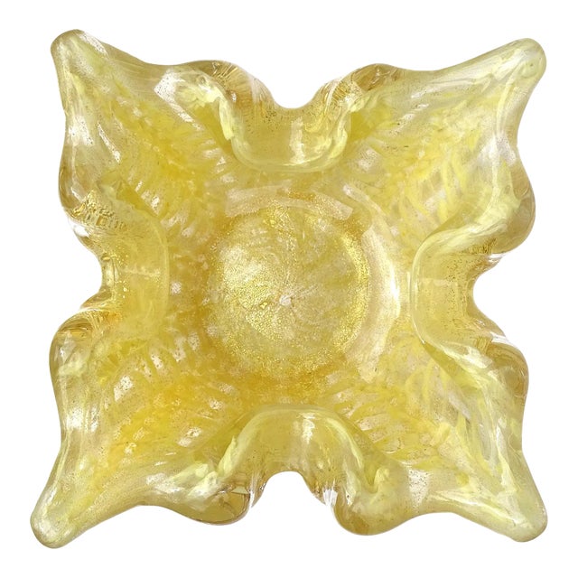 Murano Barovier Toso Vintage Yellow Gold Flecks Control Bubbles Italian Art Glass Spike Bowl Ashtray For Sale