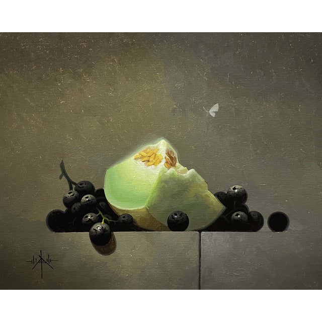 Pyramidal by Blair Atherholt | Oil on panel Still life of a melon slice and black berries For Sale