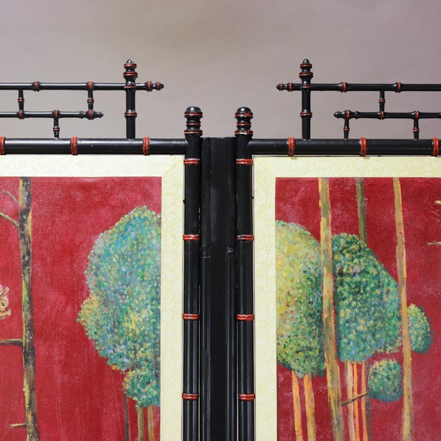 Vintage Chinoiserie Four-Panel Folding Screen – Hand-Painted English Hunting Scene With Black Faux Bamboo Frame For Sale - Image 11 of 17