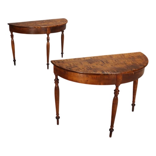 Antique Walnut Demi Lune Consoles, Italy, 20th Century, Set of 2 For Sale