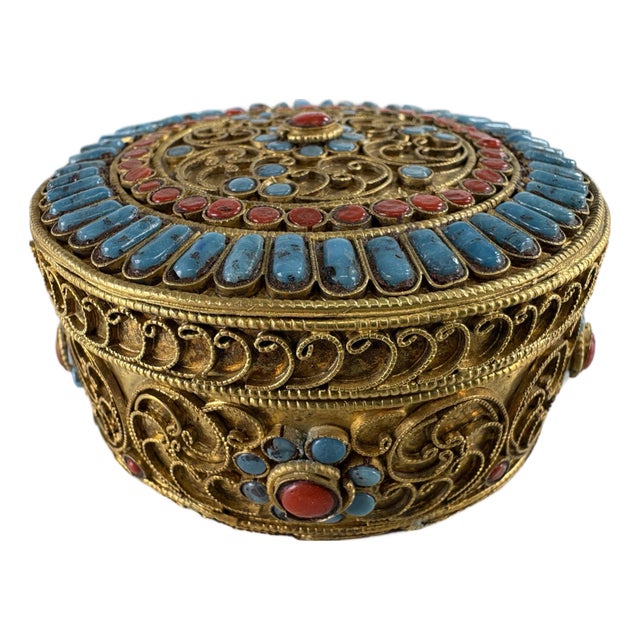 Mid 20th Century Handmade Solid Brass Fretwork Bejeweled Trinket Box For Sale