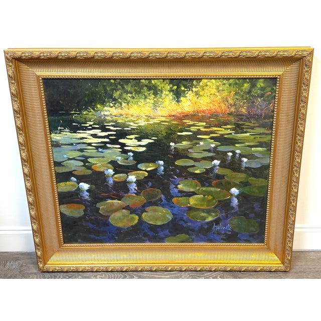 Barbara Applegate (American, b. 1954): Impressionist Water Lilies. This original oil on canvas exemplifies Barbara...