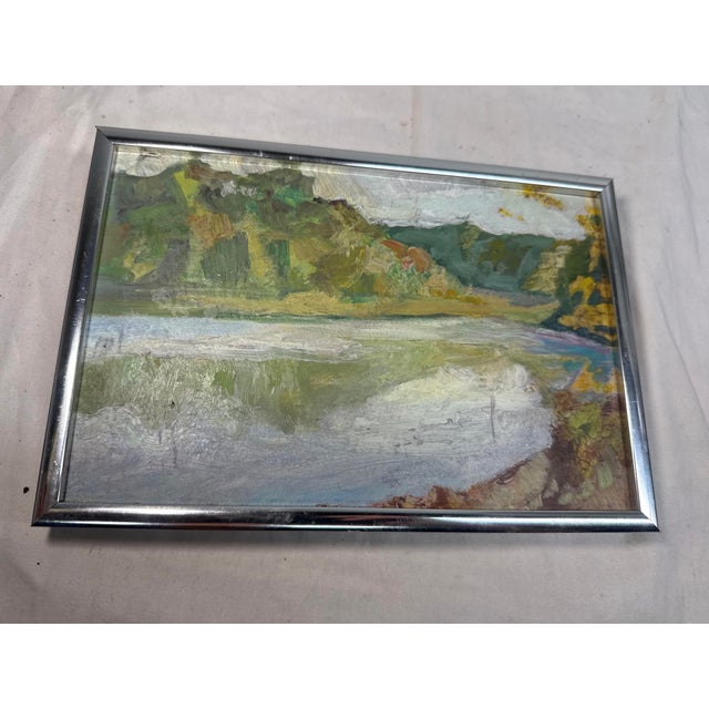 1940s Vintage Original Miniature Abstract Expressive Oil Painting River Landscape Art For Sale - Image 5 of 9