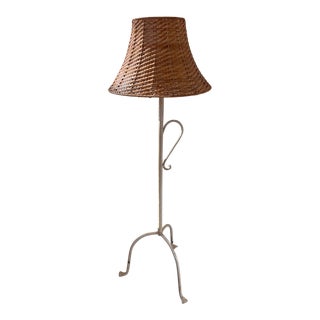 Vintage French Metal Floor Lamp With Wicker Shade For Sale