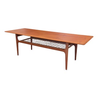 Danish Teak Coffee Table with Wicker Magazine Shelf from Trioh, 1960 For Sale