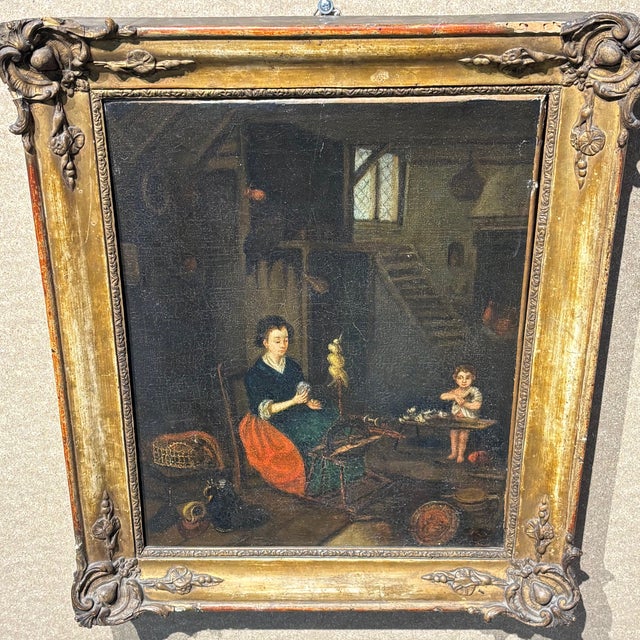 Flemish Artist, Interior Scene of Woman with Spinning Wheel, 1700, Oil on Canvas, Framed For Sale - Image 10 of 12