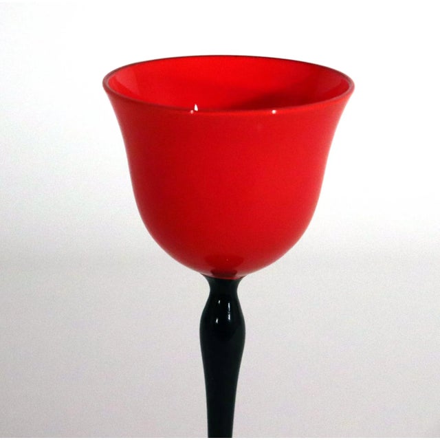 Pure jazz-age glamour: a set of six Czech Art Deco "Tango" glasses from the 1920s, each with a tomato-red tulip bowl...