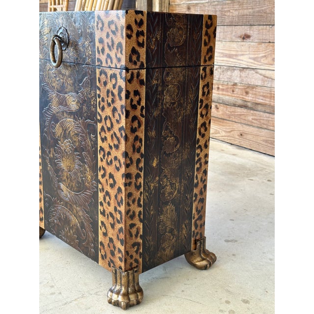 1990s Regency Safari Cheetah Gilt Embossed Metal Claw Feet Trunk For Sale In Naples, FL - Image 6 of 12