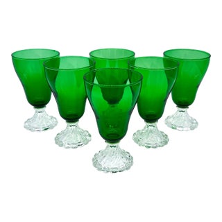 Set of 6 Vintage Forest Green Anchor Hocking Bubble Foot (“Burple”) Water Goblets | Mid-Century Glassware For Sale