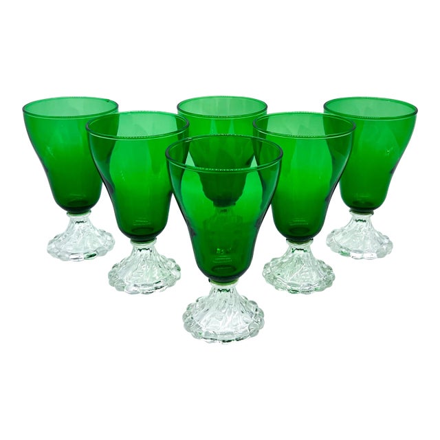 Set of 6 Vintage Forest Green Anchor Hocking Bubble Foot (“Burple”) Water Goblets | Mid-Century Glassware For Sale