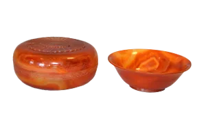 Vintage Carved Stone Agate Box & Bowl in Amber Color - Set