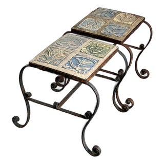 Vintage Italian Distressed Wrought Iron and Ceramic Tile Tables For Sale