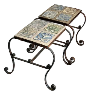 Vintage Italian Distressed Wrought Iron and Ceramic Tile Tables