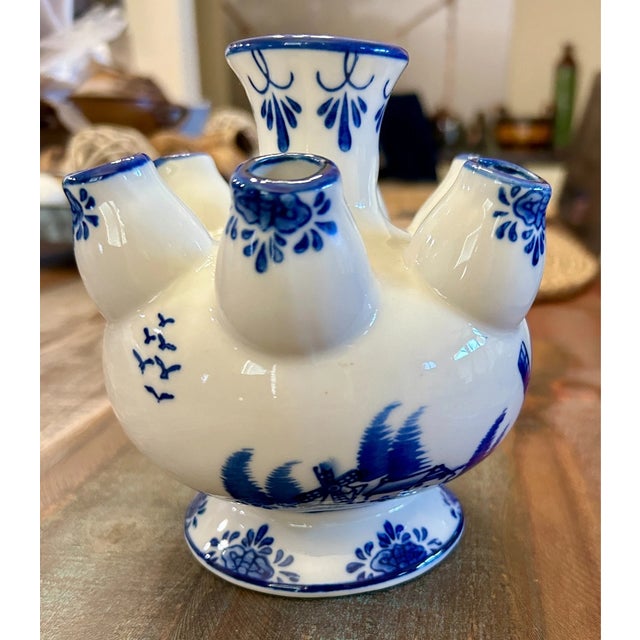 1990s Vintage Delft Style 7 Finger Hand Painted Dutch Motif Tulip Vase For Sale - Image 5 of 5