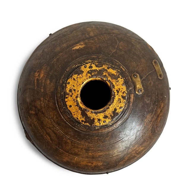Antique old wooden tobacco container from India. Adorned with brass / metal decorative details. Each is unique and sold...
