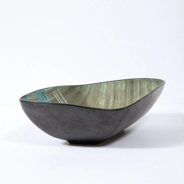 Mid-Century Modern Hand Painted Ceramic Bowl With Aqua & Flaxen Yellow Accents For Sale - Image 9 of 13