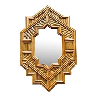 Vintage Boho Faceted Rattan Mirror For Sale