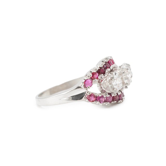 Antique 14k White Gold 1.33ctw Old Cut Diamond Ruby Three Stone Cocktail Ring, Size 7.25 For Sale In Houston - Image 6 of 9