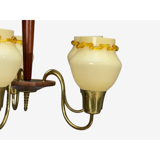 1950s Swedish Modern, Chandelier, Brass, Wood, Yellow Glass For Sale - Image 9 of 11