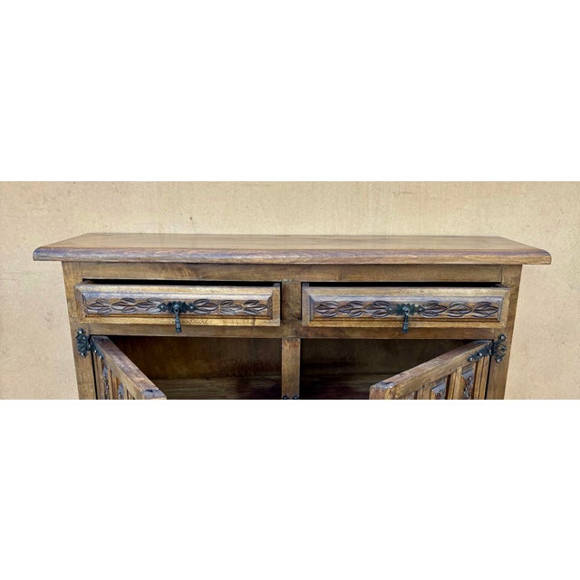 Wood Spanish Rustic Sideboard with Hand-Carved Panels and Original Iron Hardware, 1960 For Sale - Image 7 of 10