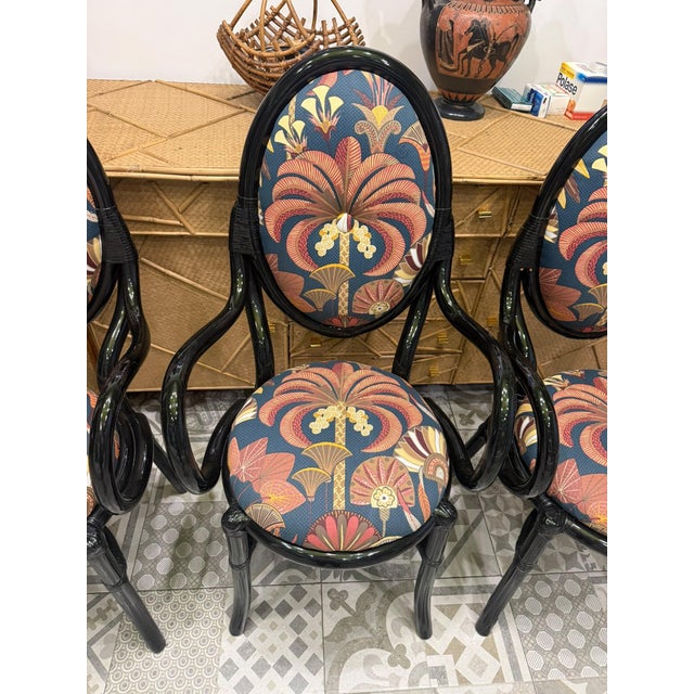 Brown Black Lacquered Bamboo Chairs with Floral Fabric by Vivai Del Sud, 1970, Set of 4 For Sale - Image 8 of 11