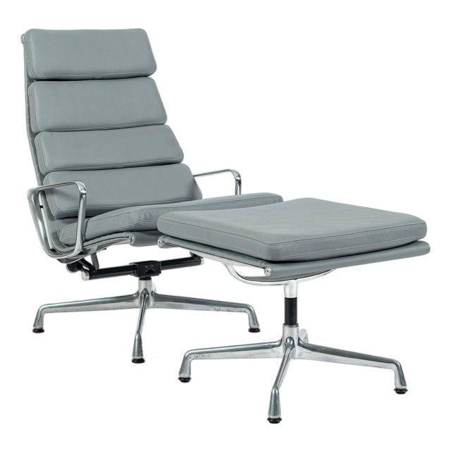 Eames Soft Pad Recliner With Ottoman for Herman Miller, Gray Leather Aluminum Group For Sale