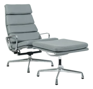 Eames Soft Pad Recliner With Ottoman for Herman Miller, Gray Leather Aluminum Group