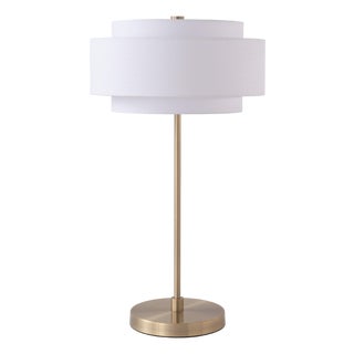 Coronado Table Lamp Weathered Brass, 3-Tier White Linen Drum Shade, Dimmable For Sale