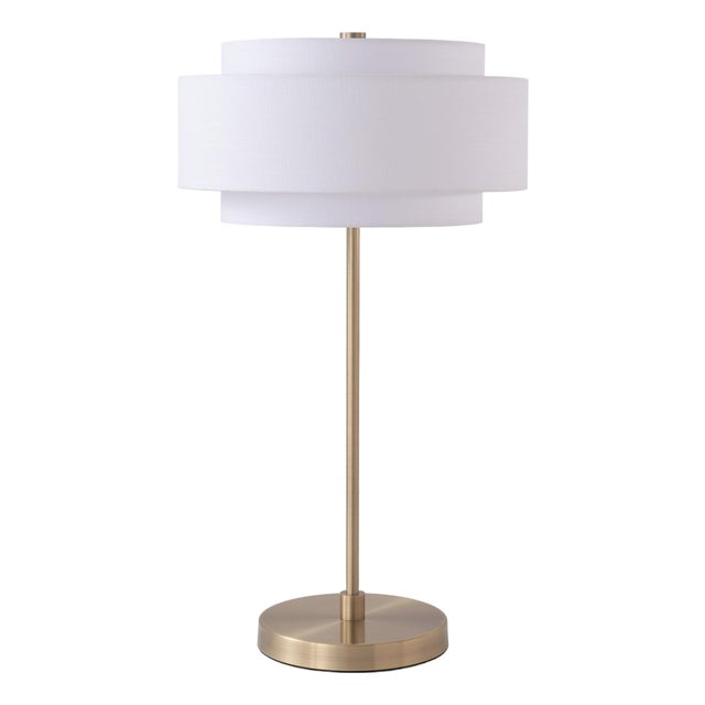 Coronado Table Lamp Weathered Brass, 3-Tier White Linen Drum Shade, Dimmable For Sale