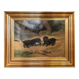 Late 19th Century Oil on Canvas "Dachshund Puppies at Play" by Simon Ludvig Ditlev Simonsen