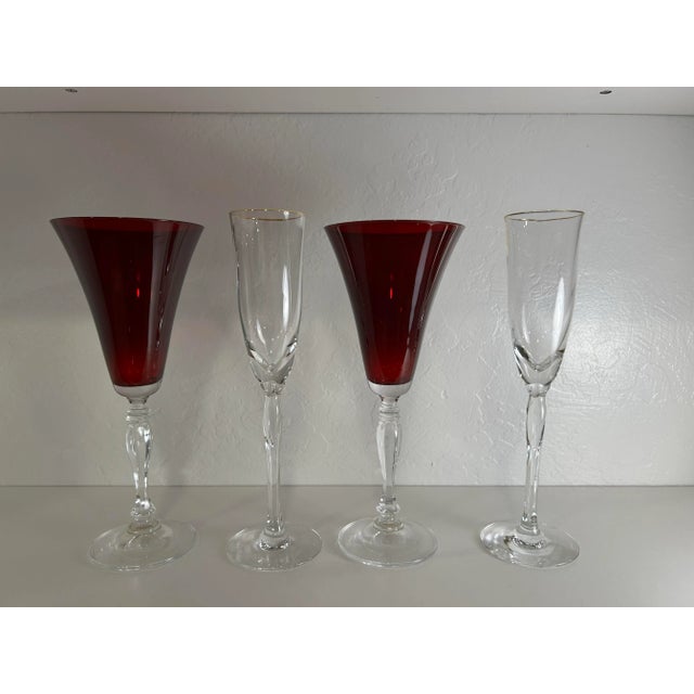 Ruby Red 1970s Lenox Ruby Red Water Glasses Lc71 Blown Glass Paired W/2 Elegance by Lenox Rhythm Champagne Flutes 4 Glasses For Sale - Image 8 of 12